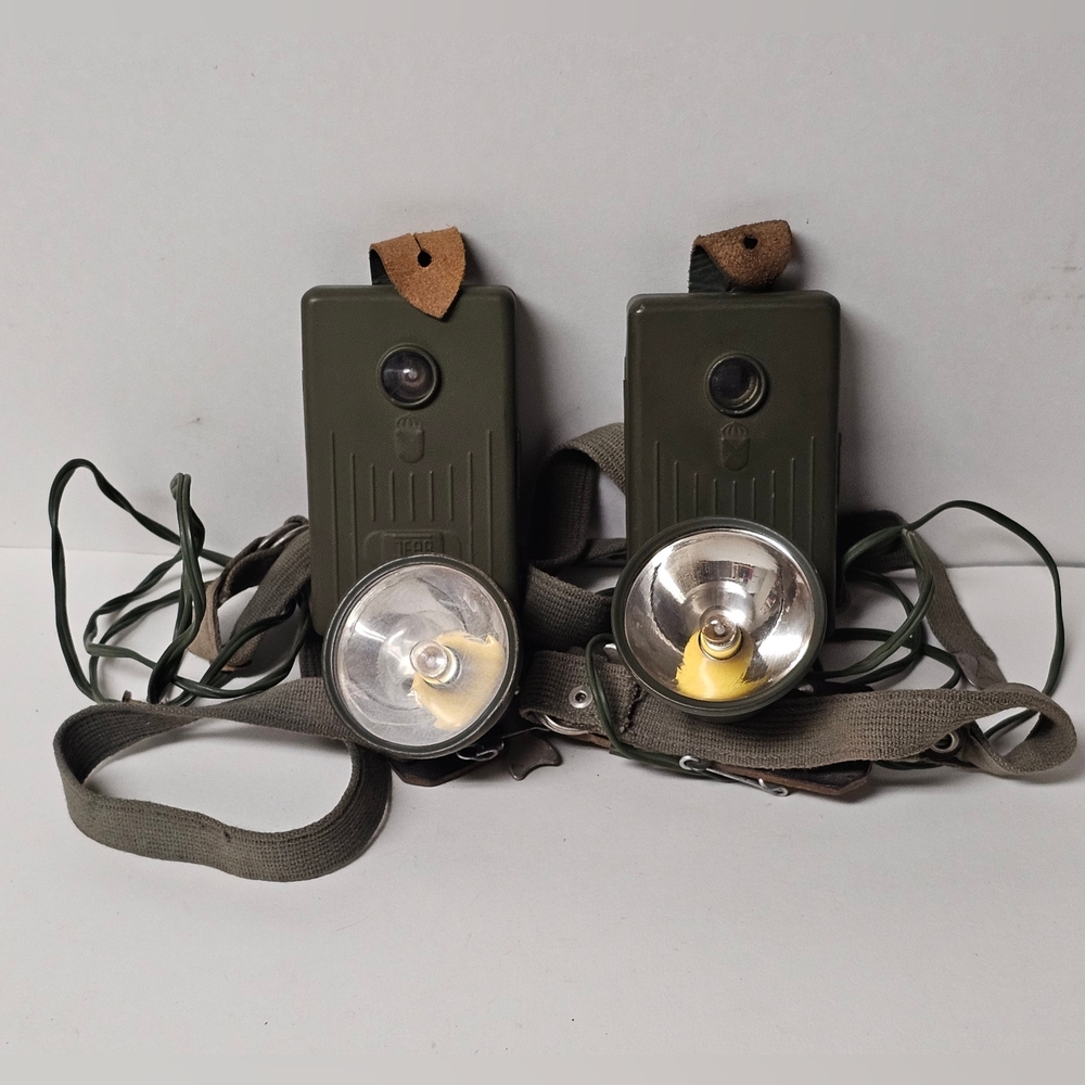 Rare Set of 2 Swedish JEAB Metal Military Headlamps with Light Bulbs